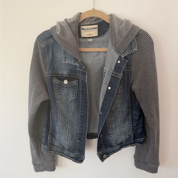 Wallflower Other - Wallflower Blue Denim Jacket with Gray Hood & Striped Knit Sleeves